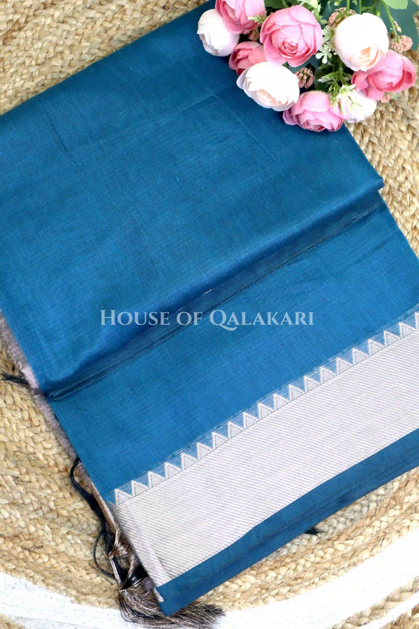 Banarasi Cotton Saree Plain in Regal Blue with elegant zari silver colour border and striped pallu detailing