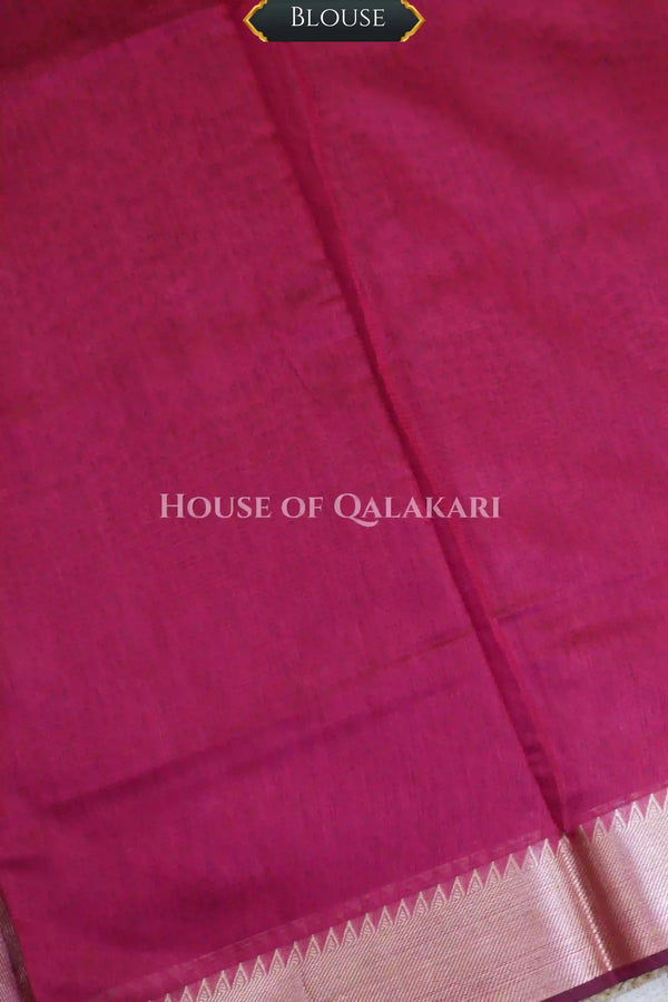 Banarasi Cotton Saree Plain in Rani Pink with elegant zari copper colour border and striped pallu detailing