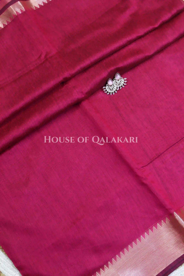 Banarasi Cotton Saree Plain in Rani Pink with elegant zari copper colour border and striped pallu detailing