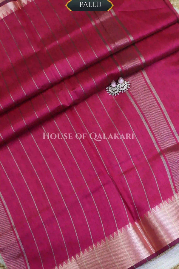 Banarasi Cotton Saree Plain in Rani Pink with elegant zari copper colour border and striped pallu detailing