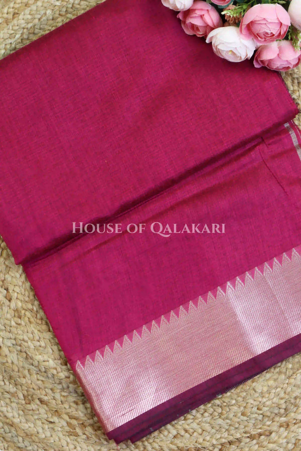 Banarasi Cotton Saree Plain in Rani Pink with elegant zari copper colour border and striped pallu detailing