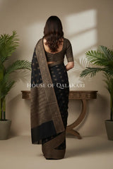 Cotton Banarasi Saree in Black with resham buti and floral design