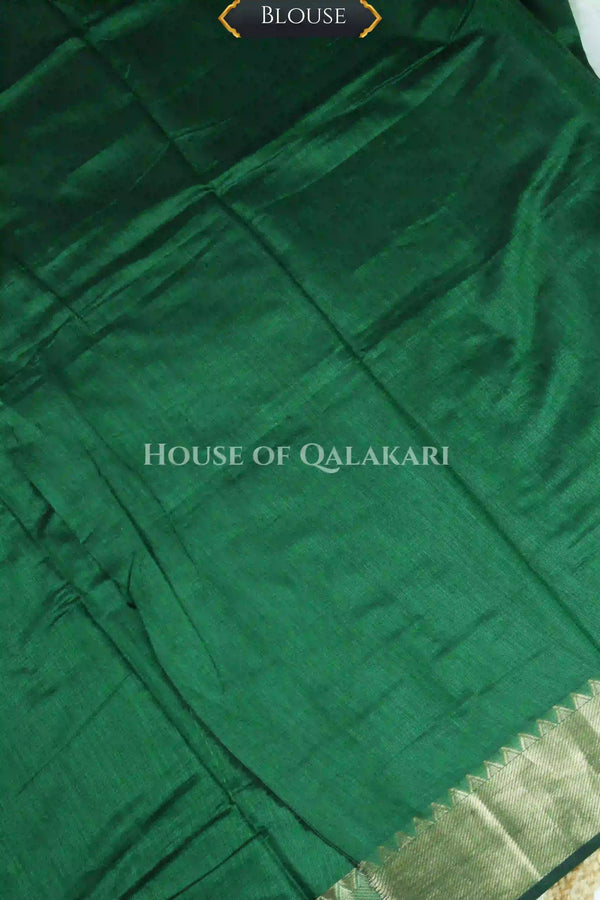 Banarasi Cotton Saree Plain in Mineral Green with elegant zari gold colour border and striped pallu detailing