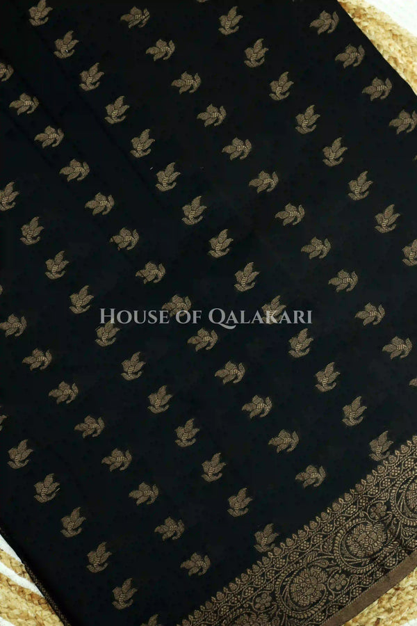 Cotton Banarasi Saree in Black with resham buti and floral design