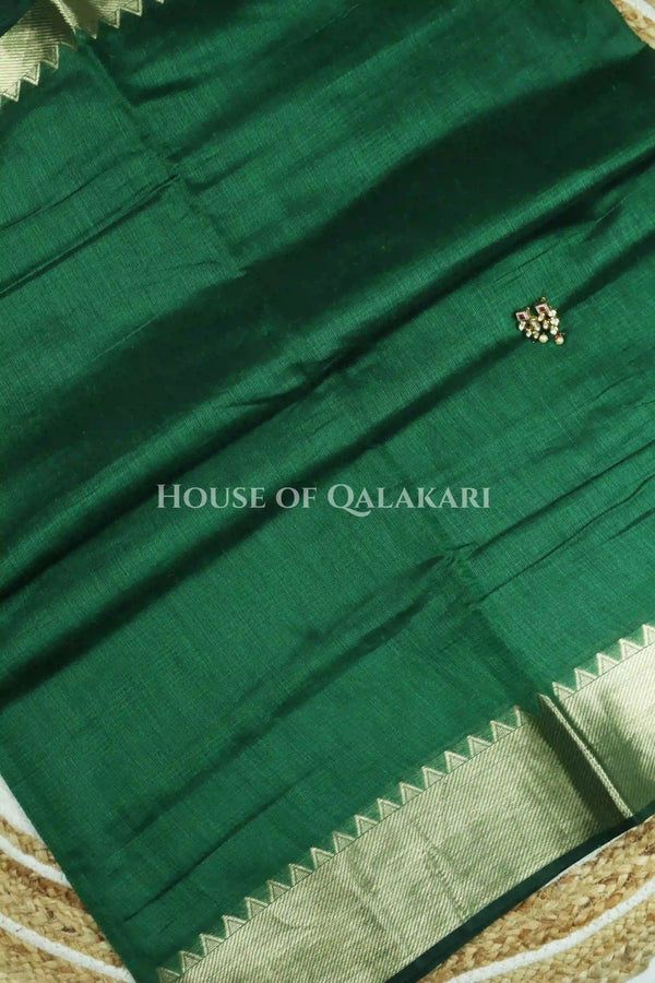 Banarasi Cotton Saree Plain in Mineral Green with elegant zari gold colour border and striped pallu detailing