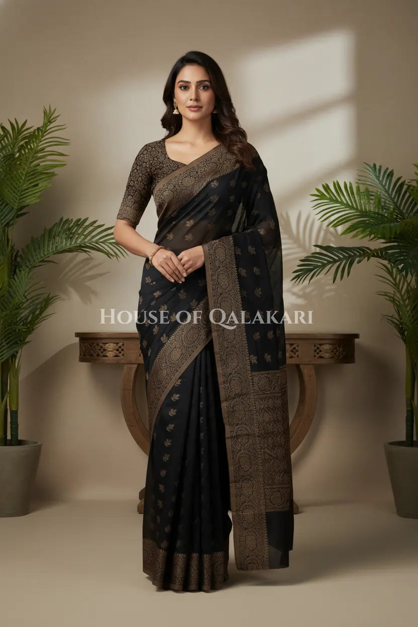 Cotton Banarasi Saree in Black with resham buti and floral design