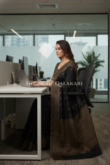 Cotton Banarasi Saree in Black with resham buti and floral design