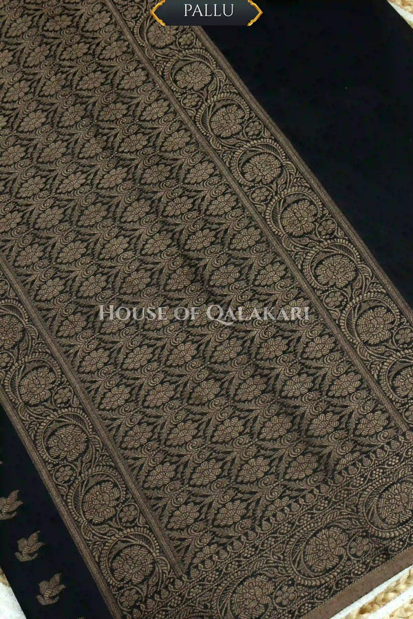 Cotton Banarasi Saree in Black with resham buti and floral design