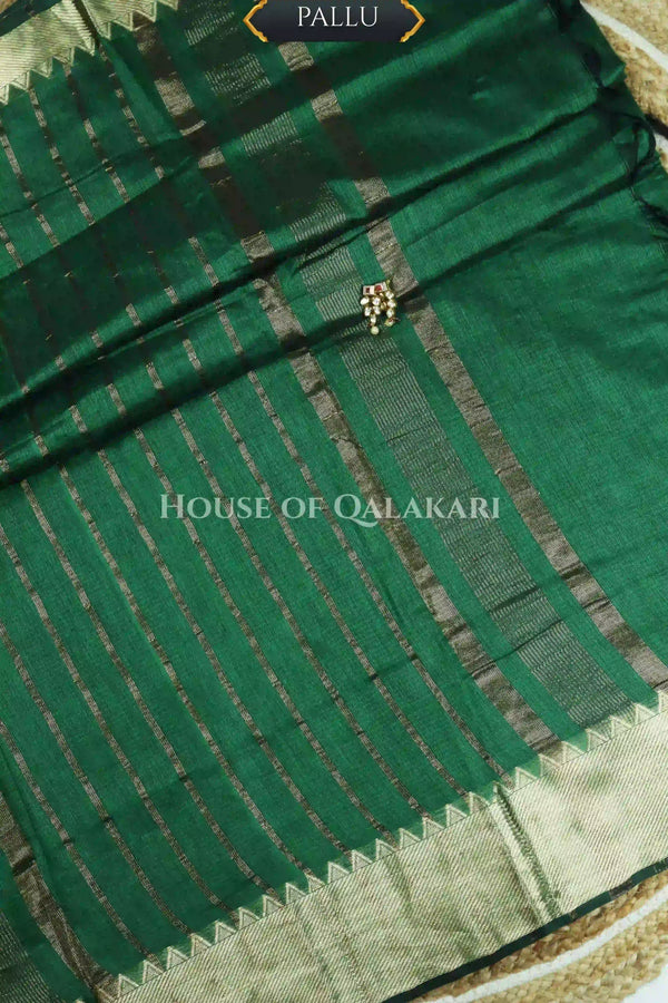 Banarasi Cotton Saree Plain in Mineral Green with elegant zari gold colour border and striped pallu detailing