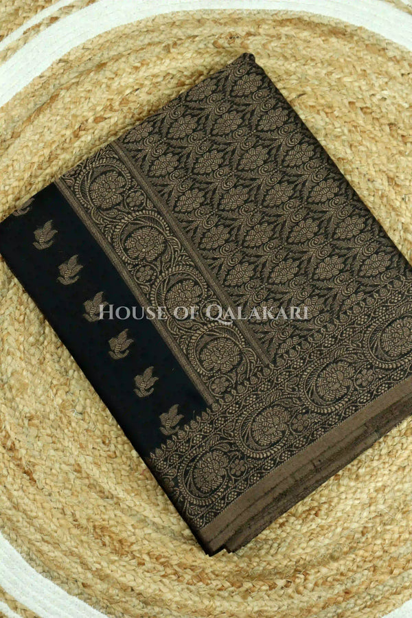 Cotton Banarasi Saree in Black with resham buti and floral design