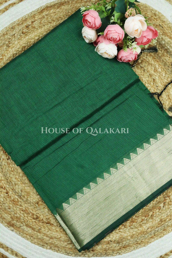 Banarasi Cotton Saree Plain in Mineral Green with elegant zari gold colour border and striped pallu detailing