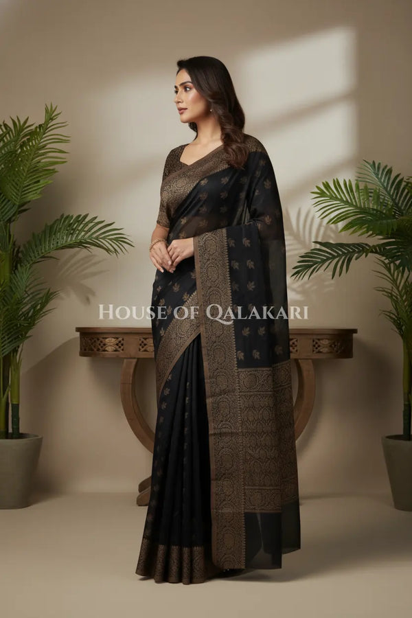 Cotton Banarasi Saree in Black with resham buti and floral design