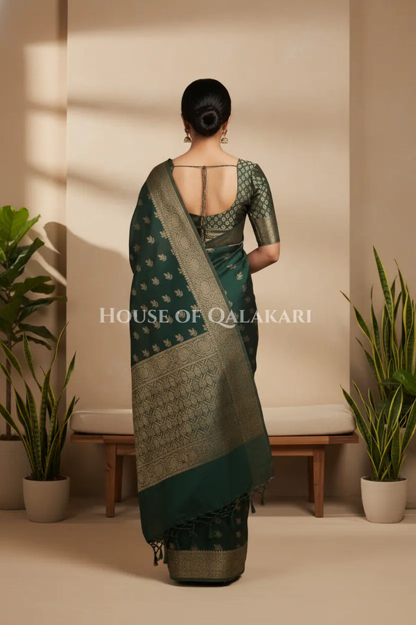 Cotton Banarasi Saree in Bottle Green with resham buti and floral design