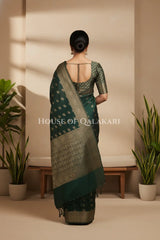 Cotton Banarasi Saree in Bottle Green with resham buti and floral design