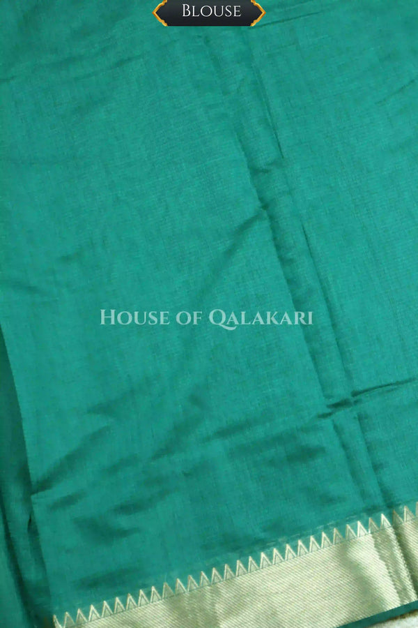 Banarasi Cotton Saree Plain in Teal Green with elegant zari gold colour border and striped pallu detailing