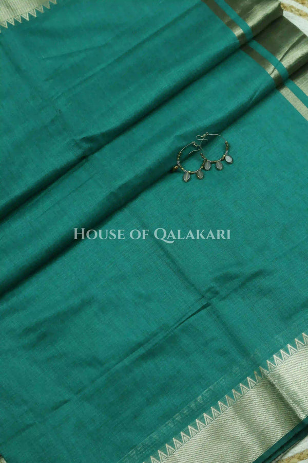 Banarasi Cotton Saree Plain in Teal Green with elegant zari gold colour border and striped pallu detailing
