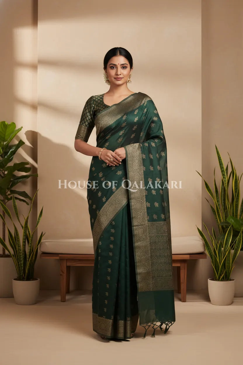 Cotton Banarasi Saree in Bottle Green with resham buti and floral design
