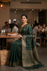 Cotton Banarasi Saree in Bottle Green with resham buti and floral design
