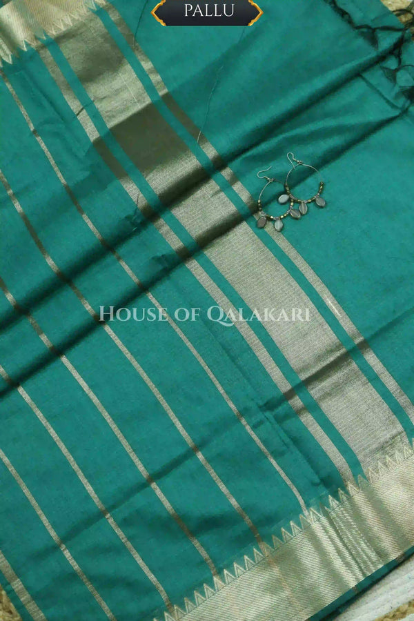 Banarasi Cotton Saree Plain in Teal Green with elegant zari gold colour border and striped pallu detailing