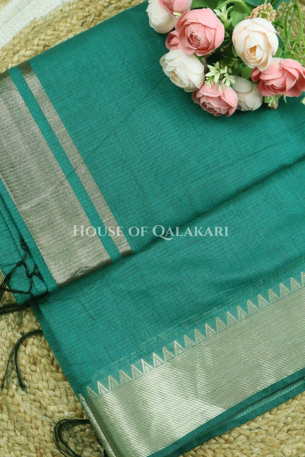 Banarasi Cotton Saree Plain in Teal Green with elegant zari gold colour border and striped pallu detailing