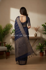 Cotton Banarasi Saree in Midnight Blue with resham buti and floral design