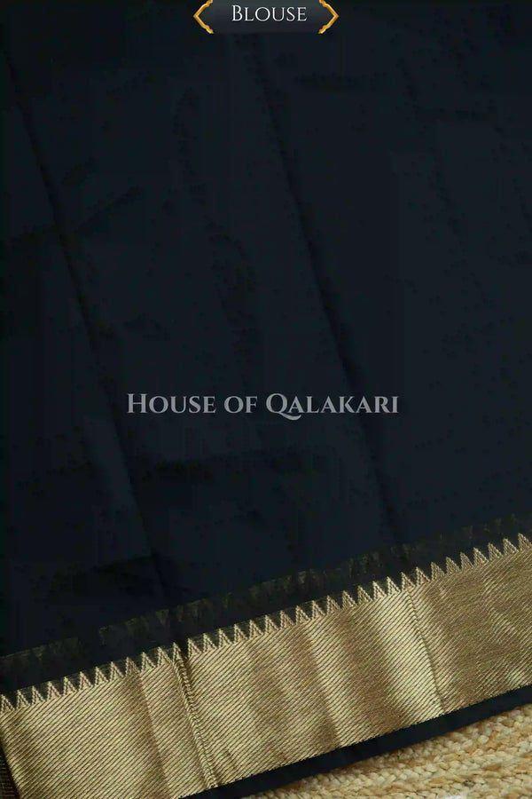 Banarasi Cotton Saree Plain in Black with elegant zari gold colour border and striped pallu detailing