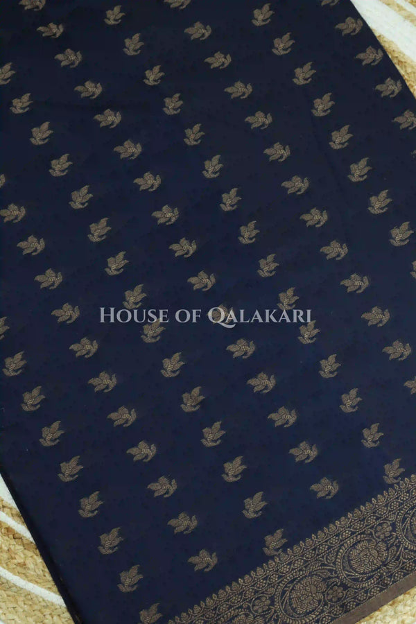 Cotton Banarasi Saree in Midnight Blue with resham buti and floral design