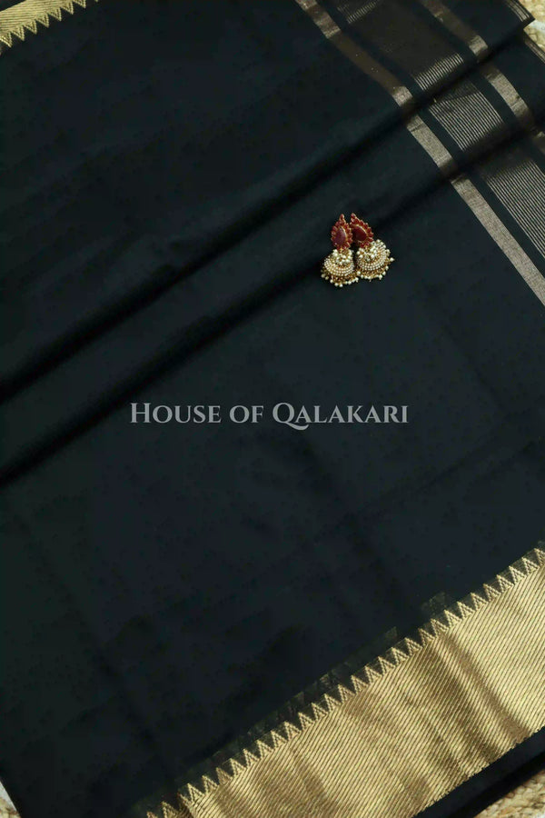 Banarasi Cotton Saree Plain in Black with elegant zari gold colour border and striped pallu detailing