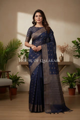 Cotton Banarasi Saree in Midnight Blue with resham buti and floral design