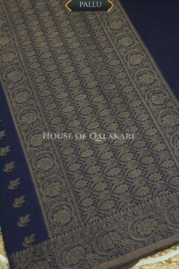 Cotton Banarasi Saree in Midnight Blue with resham buti and floral design
