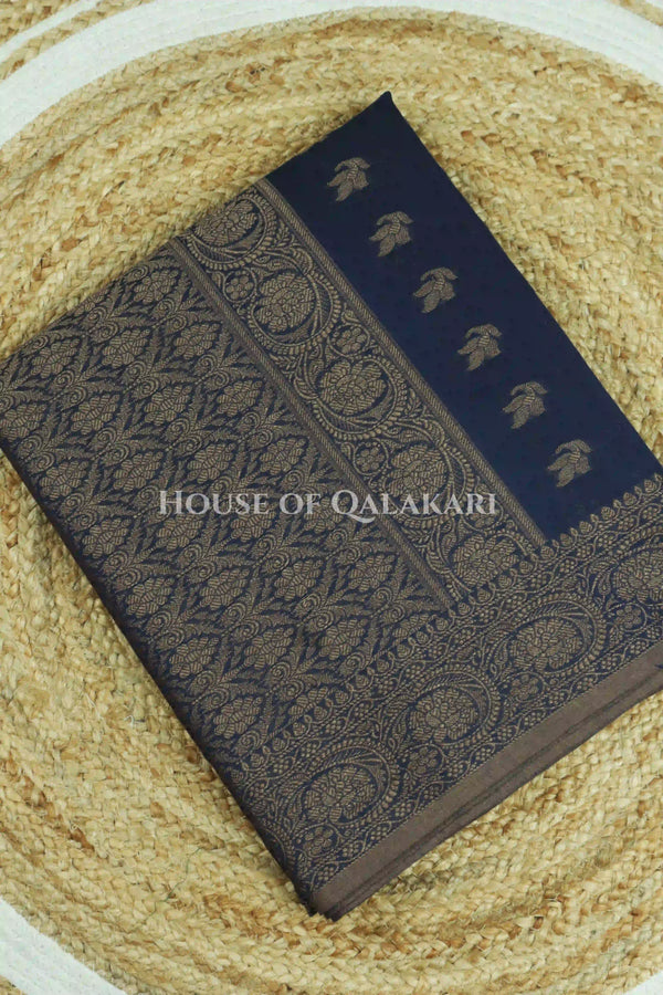 Cotton Banarasi Saree in Midnight Blue with resham buti and floral design