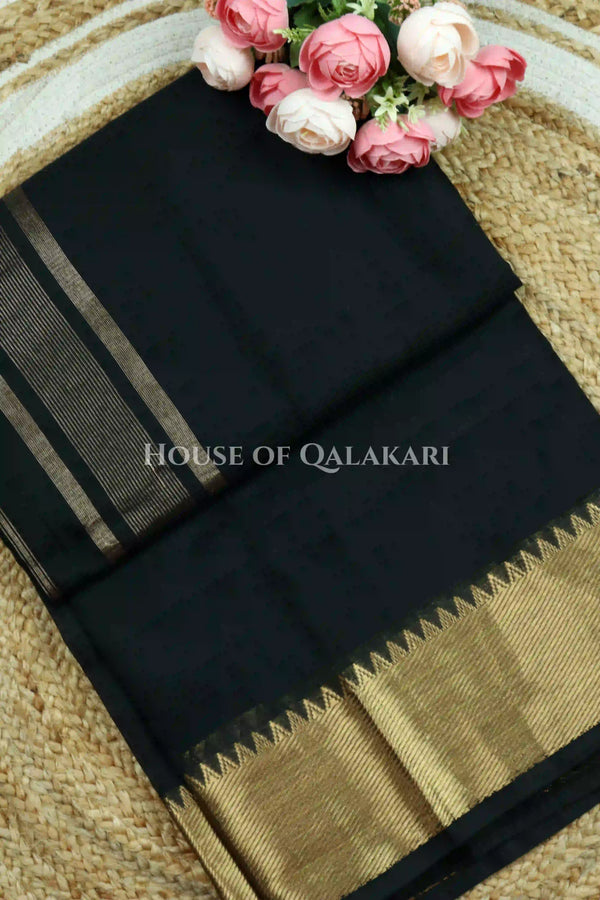 Banarasi Cotton Saree Plain in Black with elegant zari gold colour border and striped pallu detailing