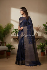 Cotton Banarasi Saree in Midnight Blue with resham buti and floral design