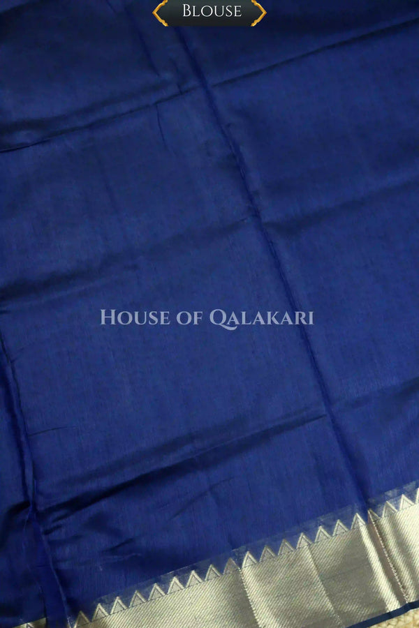 Banarasi Cotton Saree Plain in Royal Blue with elegant zari gold colour border and striped pallu detailing