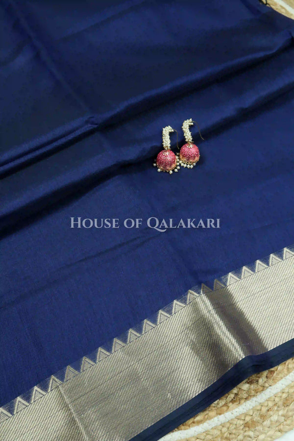 Banarasi Cotton Saree Plain in Royal Blue with elegant zari gold colour border and striped pallu detailing