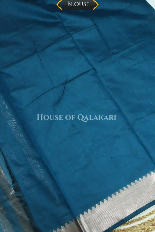 Banarasi Cotton Saree Plain in Deep Sea Blue with elegant zari copper colour border and striped pallu detailing