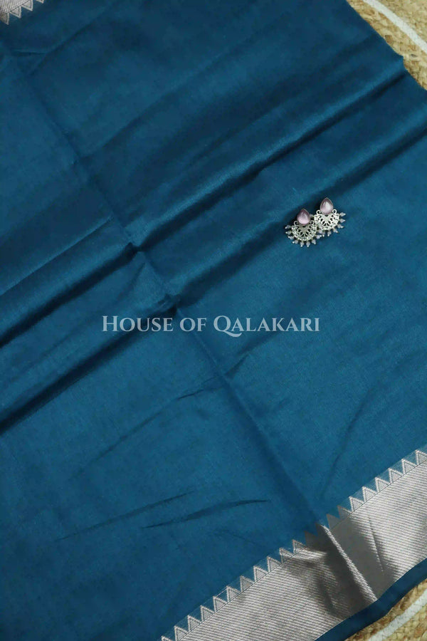 Banarasi Cotton Saree Plain in Deep Sea Blue with elegant zari copper colour border and striped pallu detailing