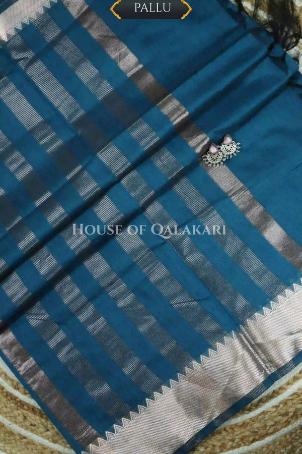 Banarasi Cotton Saree Plain in Deep Sea Blue with elegant zari copper colour border and striped pallu detailing