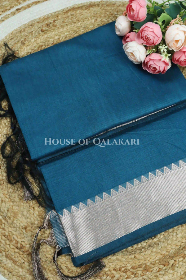 Banarasi Cotton Saree Plain in Deep Sea Blue with elegant zari copper colour border and striped pallu detailing