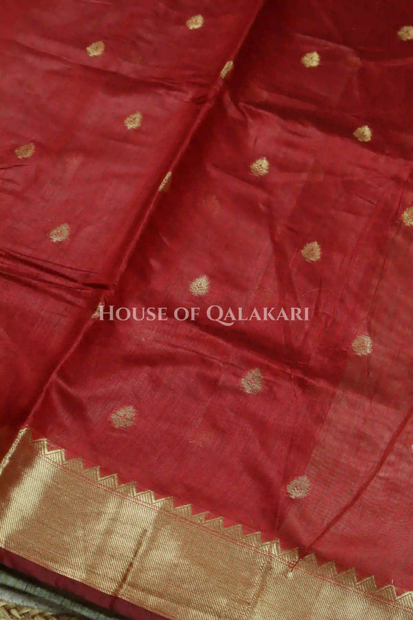 Banarasi Cotton Saree with zari buti in Red with elegant zari border and zari panel pallu