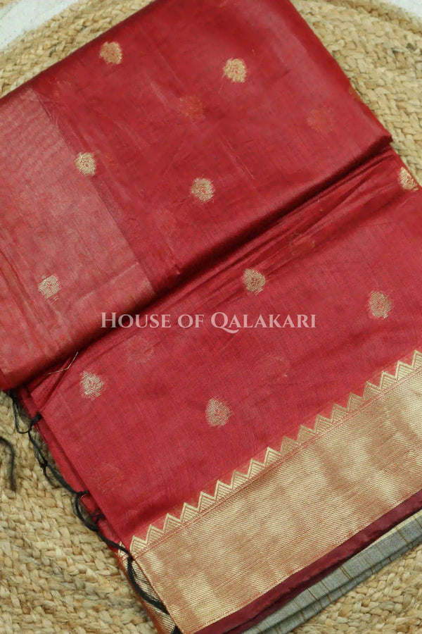 Banarasi Cotton Saree with zari buti in Red with elegant zari border and zari panel pallu