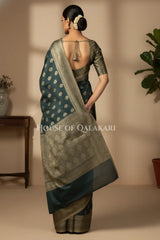 Banarasi Cotton Saree in Black with resham paisley leaf buti