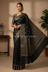 Banarasi Cotton Saree in Black with resham paisley leaf buti