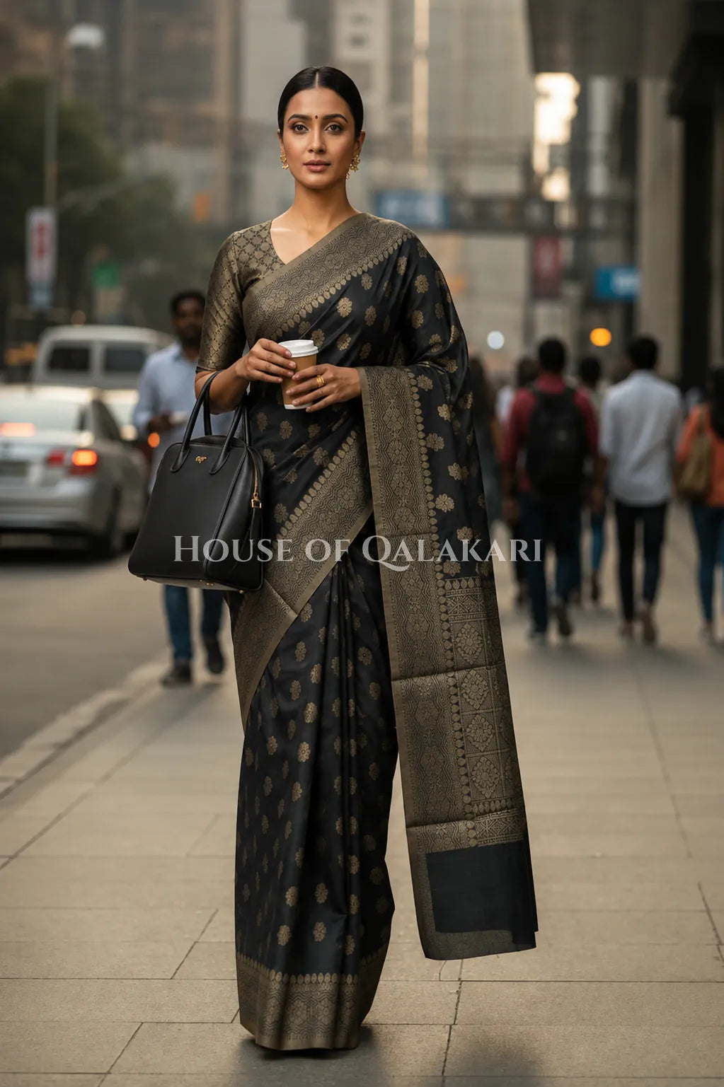 Banarasi Cotton Saree in Black with resham paisley leaf buti