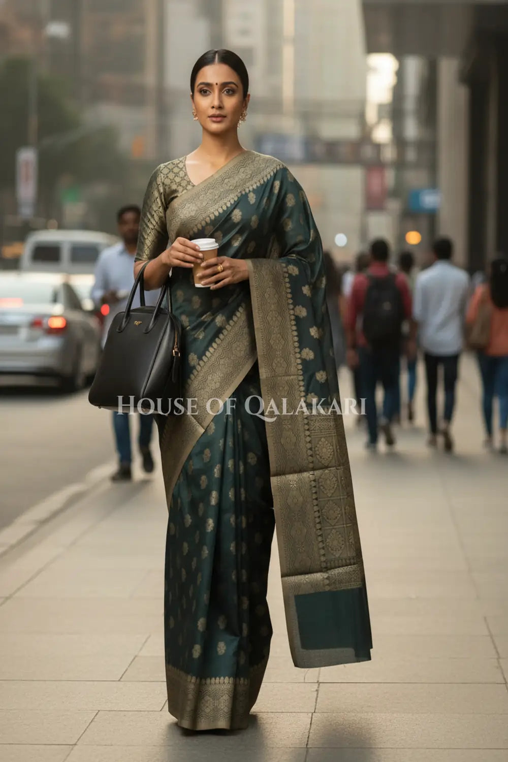 Banarasi Cotton Saree in Black with resham paisley leaf buti