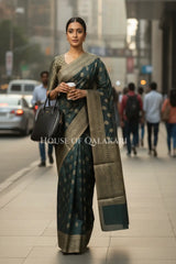Banarasi Cotton Saree in Black with resham paisley leaf buti