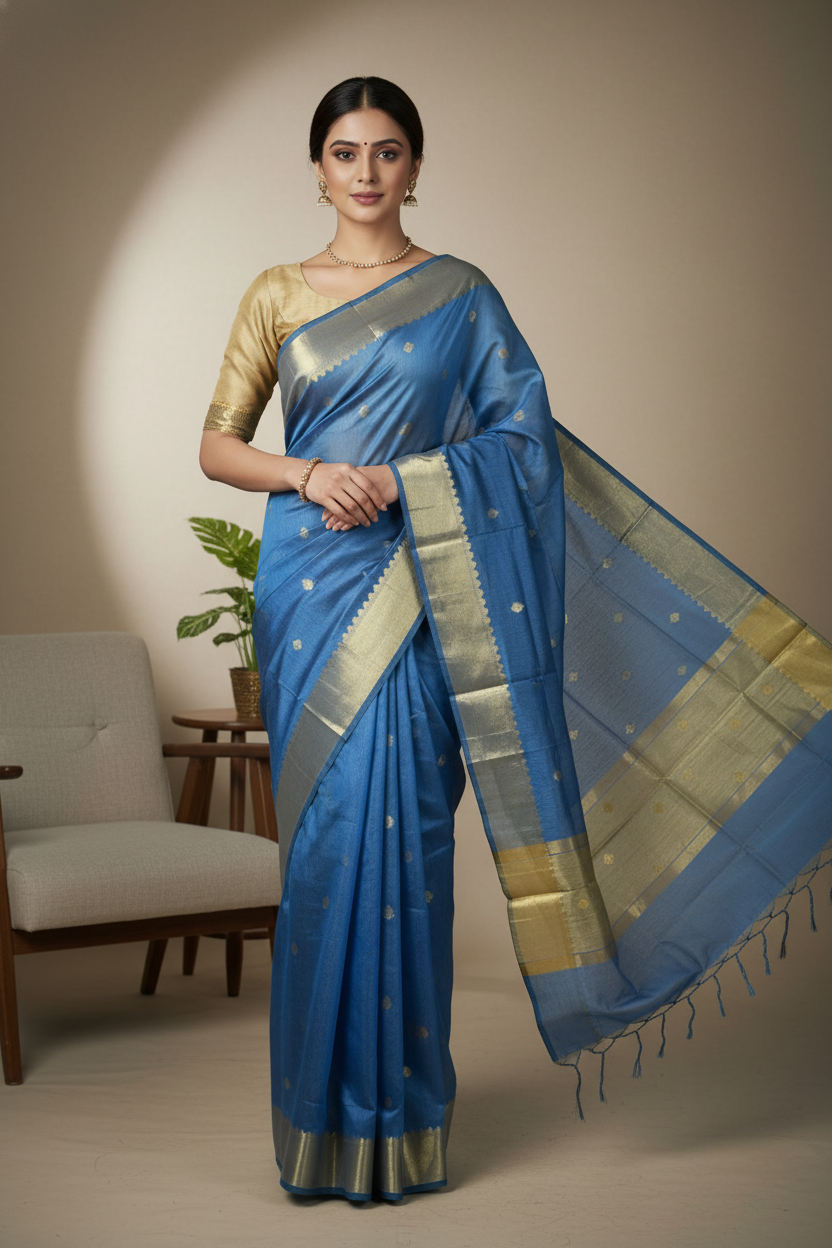 Banarasi Cotton Saree with zari buti in Blue colour with elegant zari border and zari panel pallu