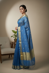 Banarasi Cotton Saree with zari buti in Blue colour with elegant zari border and zari panel pallu