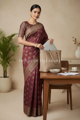 Banarasi Cotton Saree in Maroon Oak with resham flower leaf buti