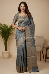 Banarasi Cotton Saree in Grey with resham flower leaf buti